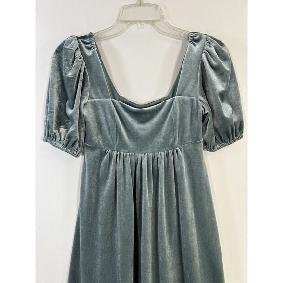 Dusty Blue Velvet Peasant Prairie Fairy Square Neck Puff Sleeved Mini Dress XS - Picture 5 of 12